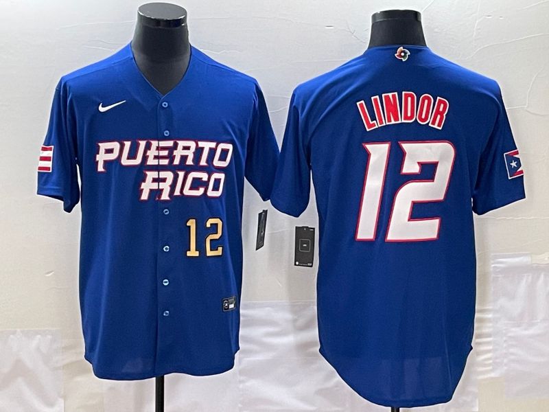 Men 2023 World Cub Puerto Rico #12 Lindor Blue Nike MLB Jersey4->more jerseys->MLB Jersey